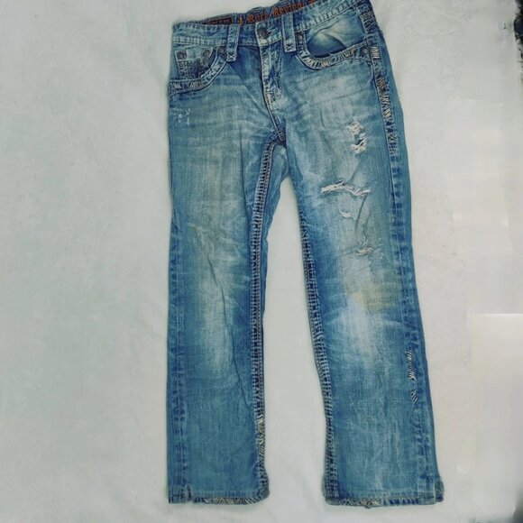 Mens Rock Revival JAMES Straight Jeans Leather Inserts Flap Pockets 30x28 - Picture 1 of 16